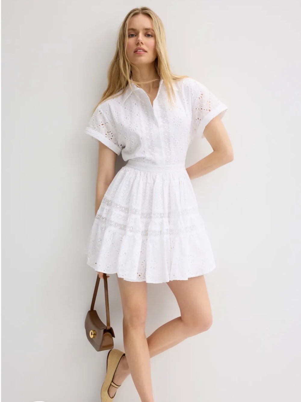 MAJE White Eyelet Short Sleeve Mini Dress